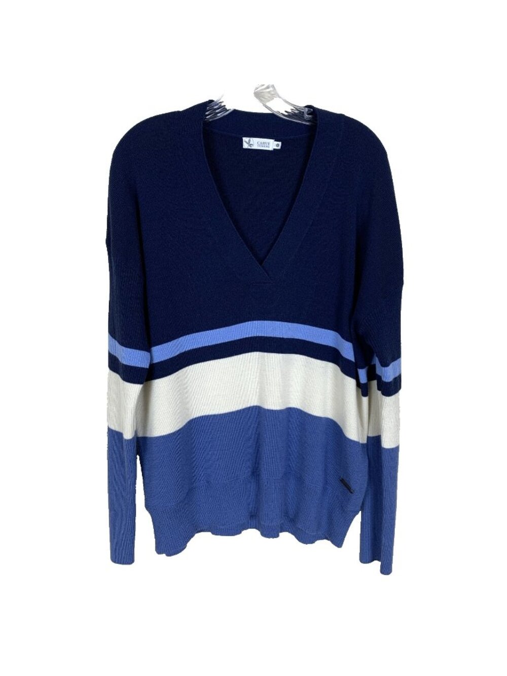 Carve Designs Womens L Sweater V Neck Pullover Wool Blend Blue Stripe Nautical